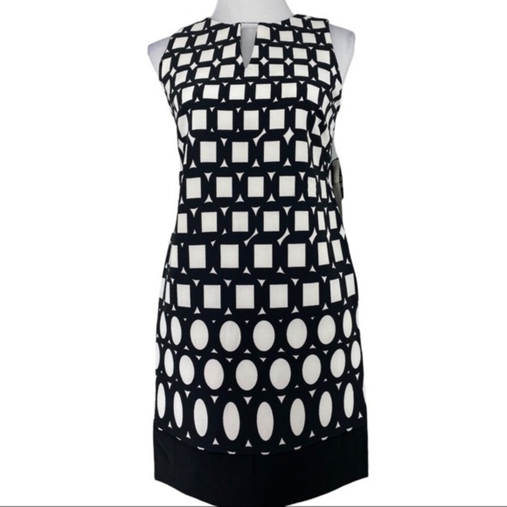 Studio I Petite Womens Black White Geometric Split Neck Shift Dress 4P 87646 NEW